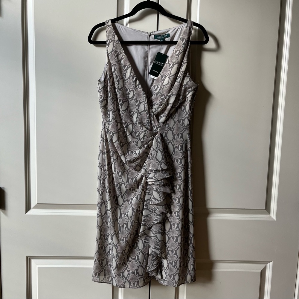 NWT Lauren Ralph Lauren Snake Print Beige Tan Gray Ruffle A-Line Dress Sz 8
